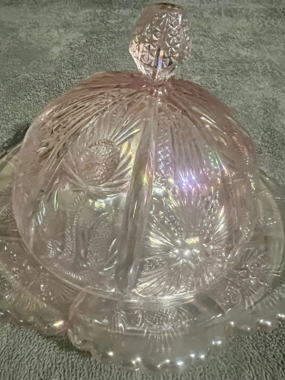 Vintage Mosser Glass Inverted Thistle Pink Carnival Covered Butter Dish